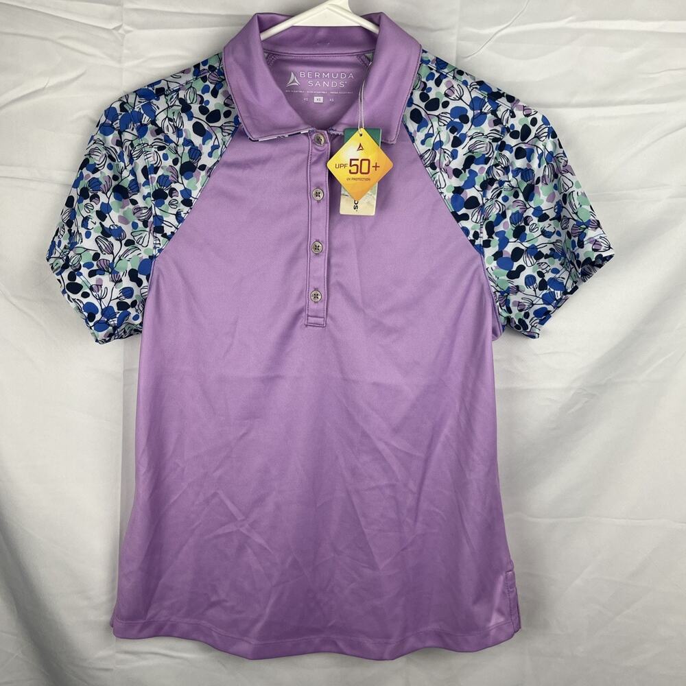 Bermuda Sands Women’s XS Colorful Golf Polo Shirt Lavender Geometric Floral NWT